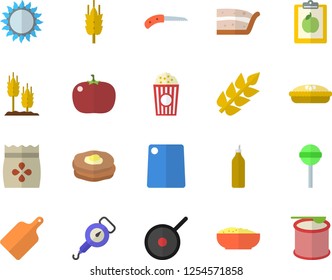 Color flat icon set teflon flat vector, spring balance, cutting board, gas, piece of cake, porridge, pie, lollipop, tomato, popcorn, mustard, pancakes, seeds, ear, knife, diet, steroids