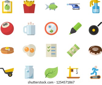 Color flat icon set teflon flat vector, spaghetti, pancakes, donut, French fries, fish, scrambled eggs, pulverizer, garden wheelbarrow, tree leaf, crane, glass bottles, marker, helicopter, coffee
