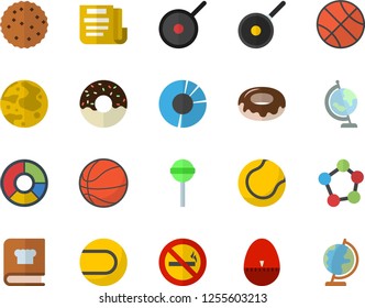 Color flat icon set teflon flat vector, kitchen egg timer, cookbook, donut, lollipop, biscuit, molecules, clircle diagram, document, moon, globe, basketball, tennis ball, no smoking fector