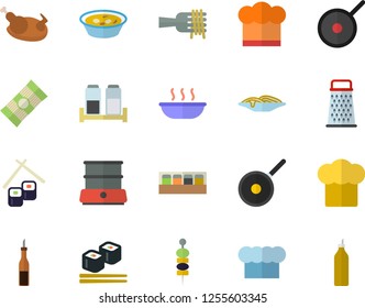 Color flat icon set teflon flat vector, cook hat, double boiler, spice, grater, spaghetti, sauce, on a fork, soup, chicken, fish rolls, canape, mustard