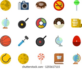 Color flat icon set teflon flat vector, kitchen egg timer, meat hammer, cookbook, donut, lollipop, clircle diagram, document, moon, globe, basketball, tennis ball, camera fector, no smoking