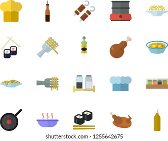 Color flat icon set teflon flat vector, cook hat, double boiler, spice, sauce, spaghetti on a fork, soup, chicken, shashlik, fish rolls, canape, mustard