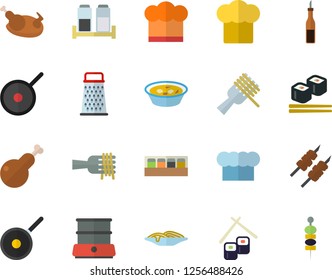 Color flat icon set teflon flat vector, cook hat, double boiler, spice, grater, sauce, spaghetti on a fork, soup, chicken, shashlik, fish rolls, canape