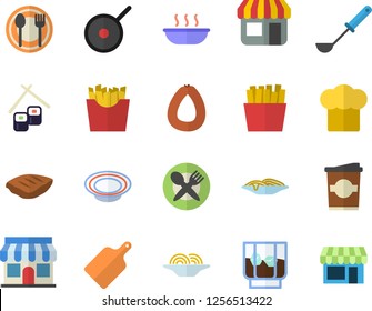 Color flat icon set teflon flat vector, cook hat, ladle, cutting board, table setting, sausage, spaghetti, dish, soup, chop, French fries, fish rolls, whiskey, coffe, store front, fector, shop