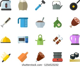 Color flat icon set teflon flat vector, meashuring cup, teapot, electric kettle, apron, potholder, rolling pin, meat hammer, cutting board, microwave, double boiler, blender, flour, dish, porridge