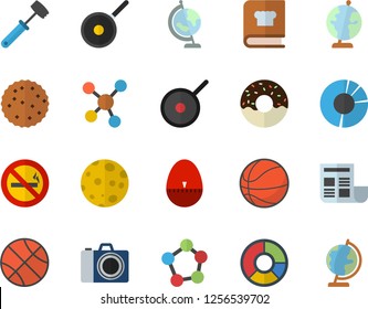 Color flat icon set teflon flat vector, kitchen egg timer, meat hammer, cookbook, donut, biscuit, molecules, clircle diagram, document, moon, globe, basketball, camera fector, no smoking