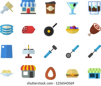 Color flat icon set teflon flat vector, kitchen spatula, spoon, meat hammer, cutting board, plates, sausage, spaghetti on a fork, hamburger, salad, ham, cocktail, whiskey, coffe, store front, shop