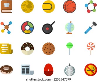 Color flat icon set teflon flat vector, kitchen egg timer, meat hammer, cookbook, donut, lollipop, biscuit, molecules, clircle diagram, document, moon, globe, basketball, tennis ball, disco fector