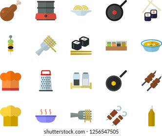 Color flat icon set teflon flat vector, cook hat, double boiler, spice, grater, spaghetti on a fork, soup, chicken, shashlik, fish rolls, canape, mustard