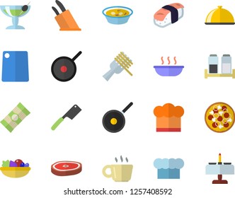 Color flat icon set teflon flat vector, cook hat, knives, cutting board, spice, dish, spaghetti, on a fork, pizza, salad, soup, chop, sashimi, coffee, cocktail fector, romantic dinner