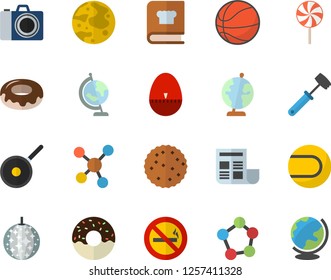 Color flat icon set teflon flat vector, kitchen egg timer, meat hammer, cookbook, donut, lollipop, biscuit, molecules, document, moon, globe, basketball, tennis ball, disco fector, camera