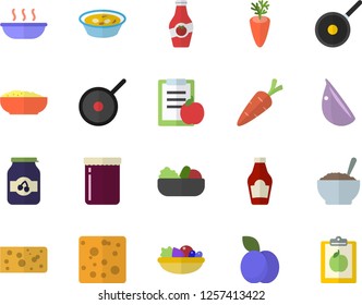 Color flat icon set teflon flat vector, ketchup, cheese, salad, soup, porridge, carrot, garlic, jam, plum, diet