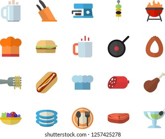 Color flat icon set teflon flat vector, cook hat, knives, coffee machine, barbecue, table setting, plates, chop, ham, sausage, spaghetti on a fork, hamburger, hot dog, salad, tea, canape