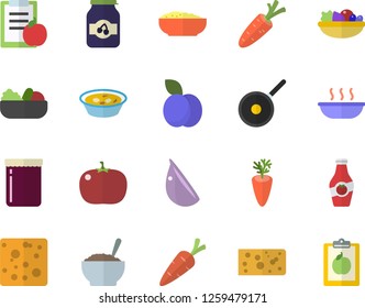 Color flat icon set teflon flat vector, cheese, salad, soup, porridge, carrot, garlic, tomato, jam, plum, ketchup, diet