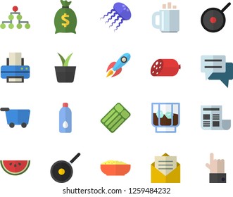 Color flat icon set teflon flat vector, sausage, watermelon, porridge, whiskey, home plant, rocket, wealth, chat, coffee, document, printer, classification, water, grocery trolley fector, jellyfish