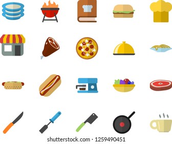 Color flat icon set teflon flat vector, cook hat, kitchen spatula, knives, cookbook, coffee machine, barbecue, dish, plates, spaghetti, hamburger, hot dog, pizza, salad, ham, chop, store front