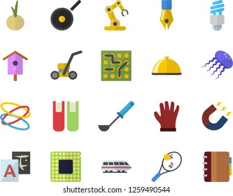 Color flat icon set teflon flat vector, ladle, dish, onion, nesting box, gloves, lawn mower, magnet, ink pen, book, energy saving lamp fector, cpu, industrial robot, electronic circuit, hoop, train