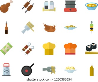 Color flat icon set teflon flat vector, cook hat, double boiler, spice, grater, spaghetti, sauce, on a fork, soup, chicken, shashlik, fish rolls, canape, mustard