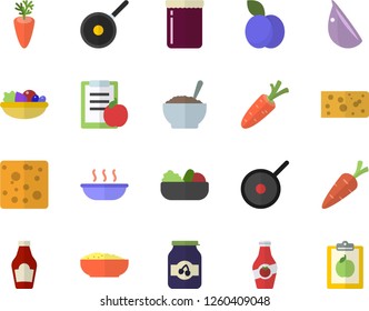 Color flat icon set teflon flat vector, ketchup, cheese, salad, soup, porridge, carrot, garlic, jam, plum, diet