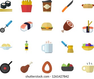 Color flat icon set teflon flat vector, kitchen spoon, knives, turk, ham, sausage, spaghetti, hamburger, hot dog, salad, French fries, fish rolls, sashimi, coffe, canape, coffee