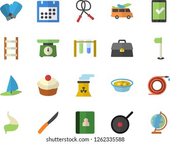 Color Flat Icon Set Teflon Flat Vector, Weighing Machine, Knives, Cupcake, Soup, Hose, Ladder, Stomach, Calendar, Briefcase, Nuclear Power Plant, Beakers, Skipping Rope, Sports Flag, Boxing Gloves