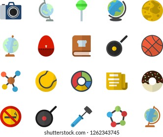 Color flat icon set teflon flat vector, kitchen egg timer, meat hammer, cookbook, donut, lollipop, molecules, clircle diagram, document, moon, globe, basketball, tennis ball, camera fector