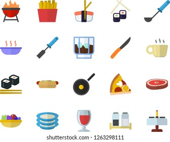 Color flat icon set teflon flat vector, ladle, kitchen spatula, knives, spice, barbecue, plates, hot dog, pizza, salad, soup, chop, French fries, fish rolls, sashimi, wine, whiskey, coffee