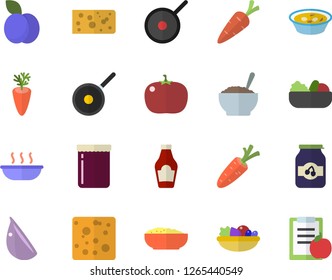 Color flat icon set teflon flat vector, ketchup, cheese, salad, soup, porridge, carrot, garlic, tomato, jam, plum, diet