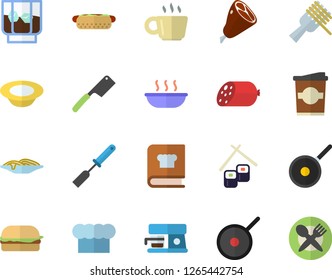 Color flat icon set teflon flat vector, cook hat, kitchen spatula, knives, cookbook, coffee machine, sausage, spaghetti on a fork, hamburger, hot dog, dish, soup, ham, fish rolls, whiskey, coffe