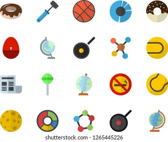 Color flat icon set teflon flat vector, kitchen egg timer, meat hammer, donut, lollipop, molecules, clircle diagram, document, moon, globe, basketball, tennis ball, no smoking fector