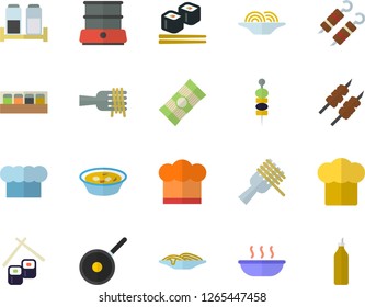 Color flat icon set teflon flat vector, cook hat, double boiler, spice, spaghetti, on a fork, soup, shashlik, fish rolls, canape, mustard