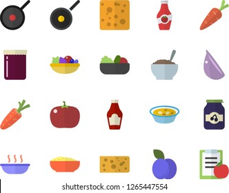 Color flat icon set teflon flat vector, ketchup, cheese, salad, soup, porridge, garlic, tomato, jam, plum, carrot, diet