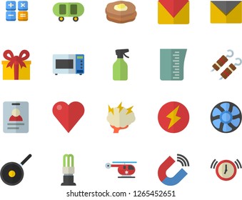 Color flat icon set teflon flat vector, meashuring cup, microwave, shashlik, pancakes, pulverizer, ventilation, energy saving lamp, magnet, present, calculator, heart, helicopter, mail, lightning
