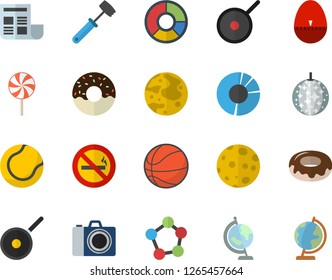 Color flat icon set teflon flat vector, kitchen egg timer, meat hammer, donut, lollipop, molecules, clircle diagram, document, moon, globe, basketball, tennis ball, disco fector, camera, no smoking
