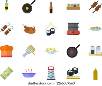 Color flat icon set teflon flat vector, cook hat, double boiler, spice, grater, spaghetti, sauce, on a fork, soup, chicken, shashlik, fish rolls, canape, mustard