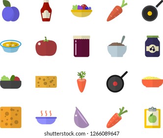 Color flat icon set teflon flat vector, ketchup, cheese, salad, soup, porridge, carrot, garlic, tomato, jam, plum, diet