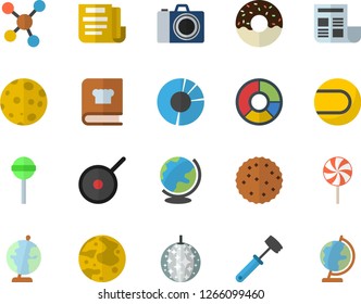 Color flat icon set teflon flat vector, meat hammer, cookbook, donut, lollipop, biscuit, molecules, clircle diagram, document, moon, globe, tennis ball, disco fector, camera
