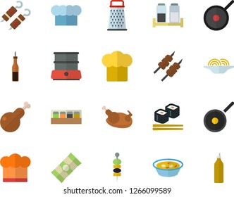 Color flat icon set teflon flat vector, cook hat, double boiler, spice, grater, spaghetti, sauce, soup, chicken, shashlik, fish rolls, canape, mustard