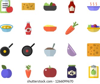 Color flat icon set teflon flat vector, ketchup, cheese, salad, soup, porridge, carrot, garlic, tomato, jam, plum, diet