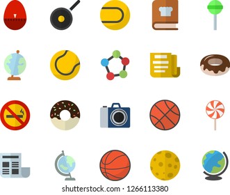 Color flat icon set teflon flat vector, kitchen egg timer, cookbook, donut, lollipop, molecules, document, moon, globe, basketball, tennis ball, camera fector, no smoking