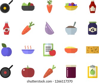 Color flat icon set teflon flat vector, ketchup, cheese, salad, soup, porridge, carrot, garlic, tomato, jam, plum, diet