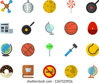 Color flat icon set teflon flat vector, kitchen egg timer, meat hammer, cookbook, donut, lollipop, molecules, document, moon, globe, basketball, tennis ball, disco fector, no smoking