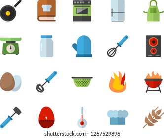 Color flat icon set teflon flat vector, weighing machine, colander, cook hat, apron, potholder, whisk, kitchen egg timer, meat hammer, electric stove, fire, induction cooker, cookbook, fridge, ear