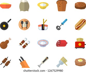 Color flat icon set teflon flat vector, whisk, knives, toaster, blender, flour, table setting, sausage, bread, spaghetti on a fork, hot dog, dish, porridge, chicken, shashlik, cutlet, sashimi
