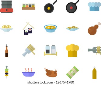 Color flat icon set teflon flat vector, cook hat, double boiler, spice, spaghetti, sauce, on a fork, soup, chicken, fish rolls, canape, mustard