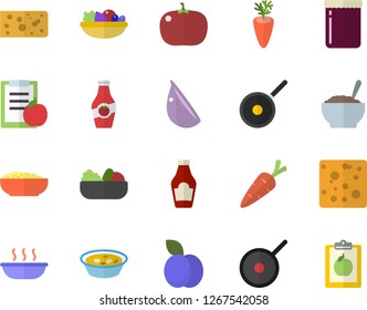 Color flat icon set teflon flat vector, ketchup, cheese, salad, soup, porridge, carrot, garlic, tomato, jam, plum, diet