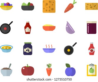 Color flat icon set teflon flat vector, ketchup, cheese, salad, soup, porridge, carrot, garlic, tomato, jam, plum, diet