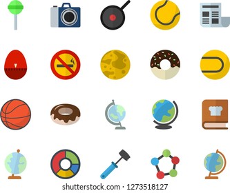 Color flat icon set teflon flat vector, kitchen egg timer, meat hammer, cookbook, donut, lollipop, molecules, clircle diagram, document, moon, globe, basketball, tennis ball, camera fector