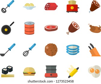 Color flat icon set teflon flat vector, ladle, whisk, knives, rolling pin, toaster, double boiler, plates, sausage, canned food, spaghetti, hamburger, chicken, ham, chop, cutlet, fish rolls