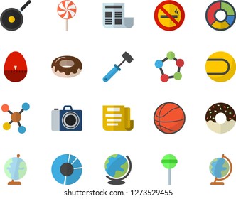 Color flat icon set teflon flat vector, kitchen egg timer, meat hammer, donut, lollipop, molecules, clircle diagram, document, globe, basketball, tennis ball, camera fector, no smoking
